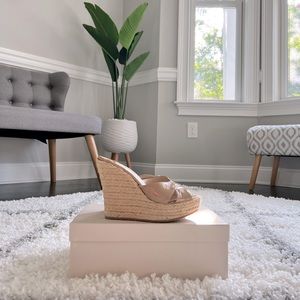 JIMMY CHOO*SOLD*Phyllis Nude Patent Leather Espadrille Mule Wedge Sandals 37💕